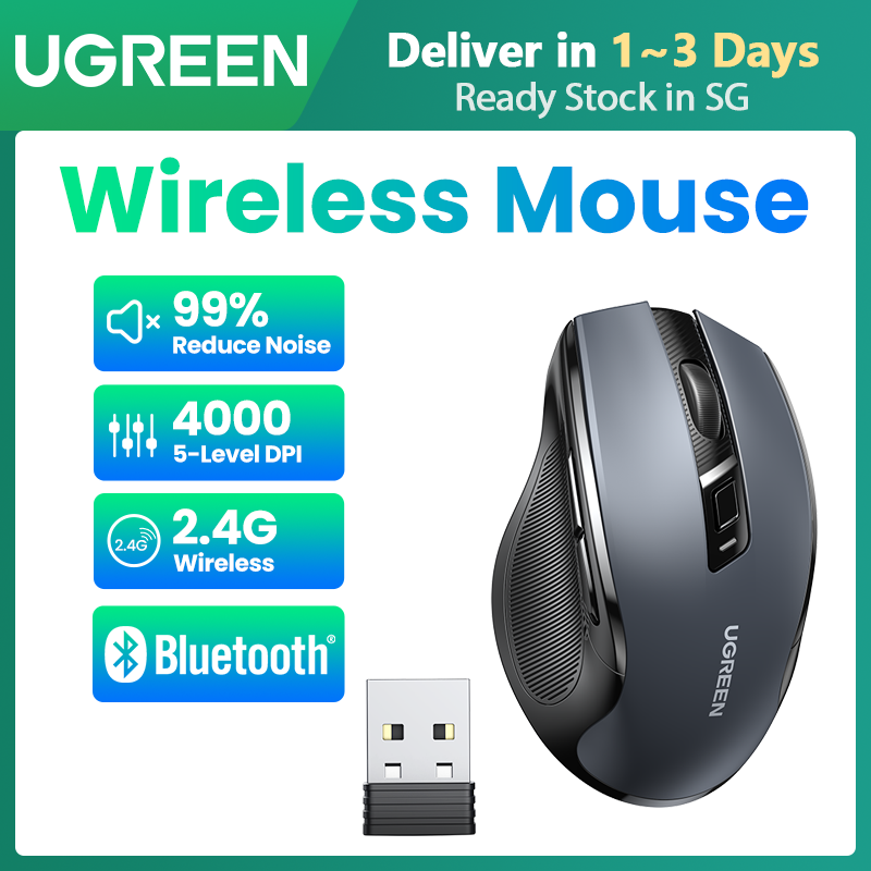 UGREEN Wireless Mouse, 6 Silent Buttons, Bluetooth 5.0 and 2.4G Wireless with USB Mini Receiver, 5 Level DPI Setting 4000DPI, Ambidextrous PC / Mac /Linux Laptop