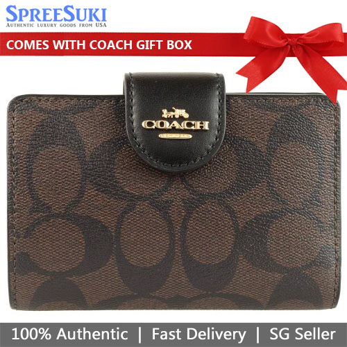 Coach Wallet In Gift Box Medium Wallet Medium Corner Zip Wallet In Signature Canvas Brown Black # C0082
