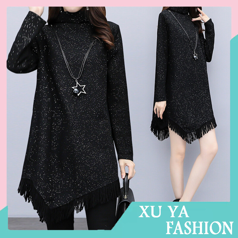 Women Large Size Bottoming Dress Fleece Lined Thickened Long Sleeves Midi Skirt Half Turtleneck Solid Color Dress