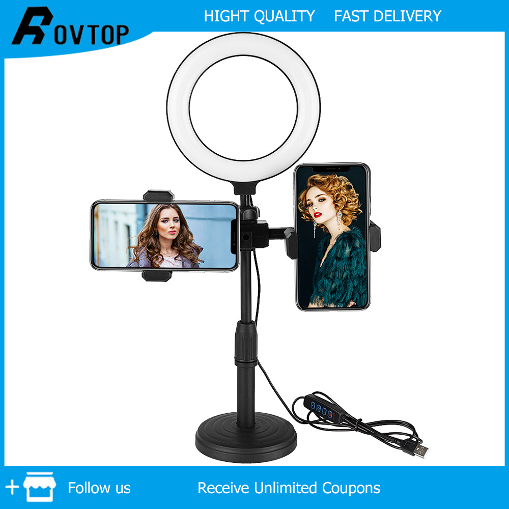 Rovtop Bracket for 2 Phones and 1 Light 3 Modes 360° Rotatable Phone Live Fill Light Desktop Stand 6 inch