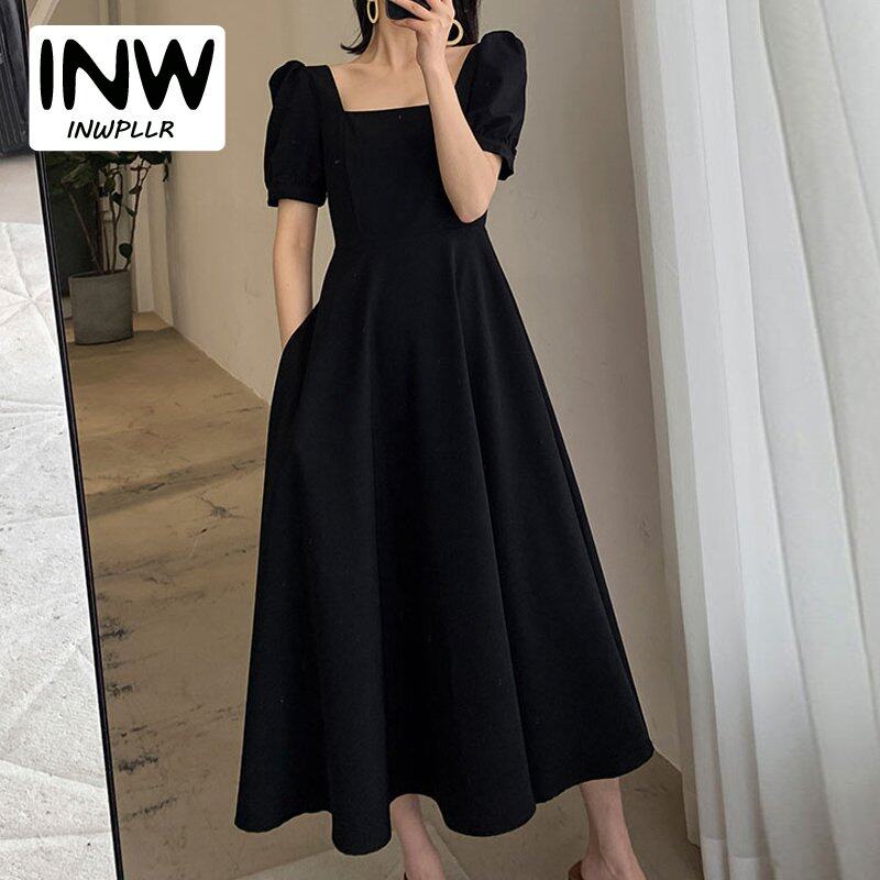 INWPLLR Women&#39;s Dress Fashion Plain Dress Elegant Casual Square Collar Short Sleeve Dresses Female Summer Style Long Dress